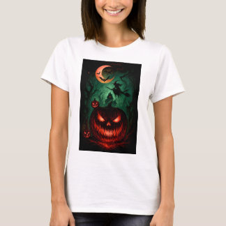 Evil Pumpkin Under Blood Moon | Witch Flying Hallo T-Shirt