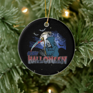 Evil Skeleton In Scary Dark Night Halloween Ceramic Tree Decoration