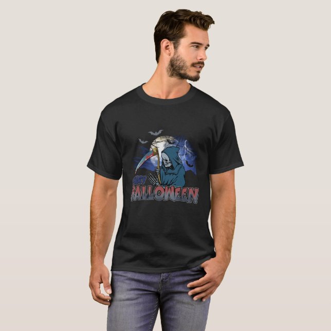 Evil Skeleton In Scary Dark Night Halloween T-Shirt (Front Full)