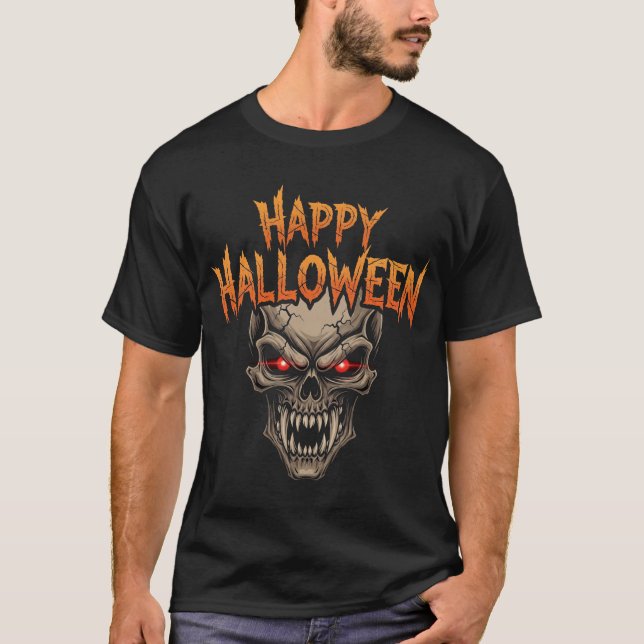 Evil Skull with Glowing Eyes Halloween T-Shirt (Front)