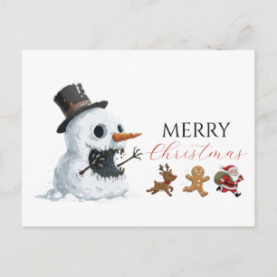 Evil Snowman Funny Watercolor Holiday Christmas Postcard