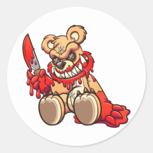 evil teddy bear covered in blood and holding a kni classic round sticker