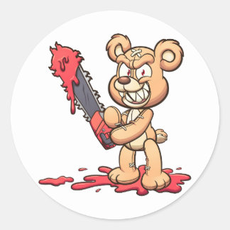 evil teddy bear holding a chainsaw and smiling classic round sticker