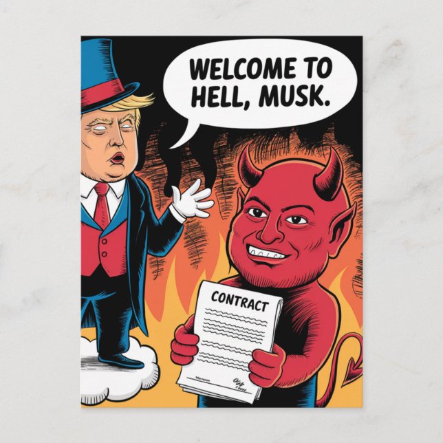 Evil Trump Cartoon Welcome to Hell Musk Postcard (Front)