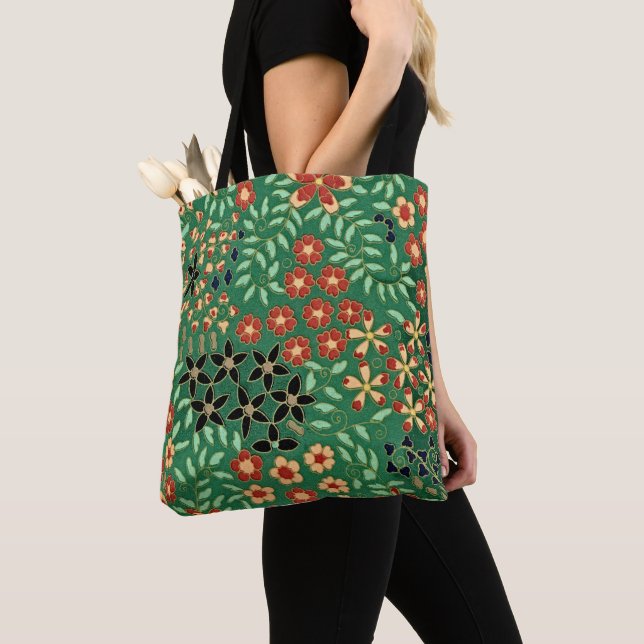 Evoke Serenity with our Green Japanese Floral Tote Bag (Close Up)