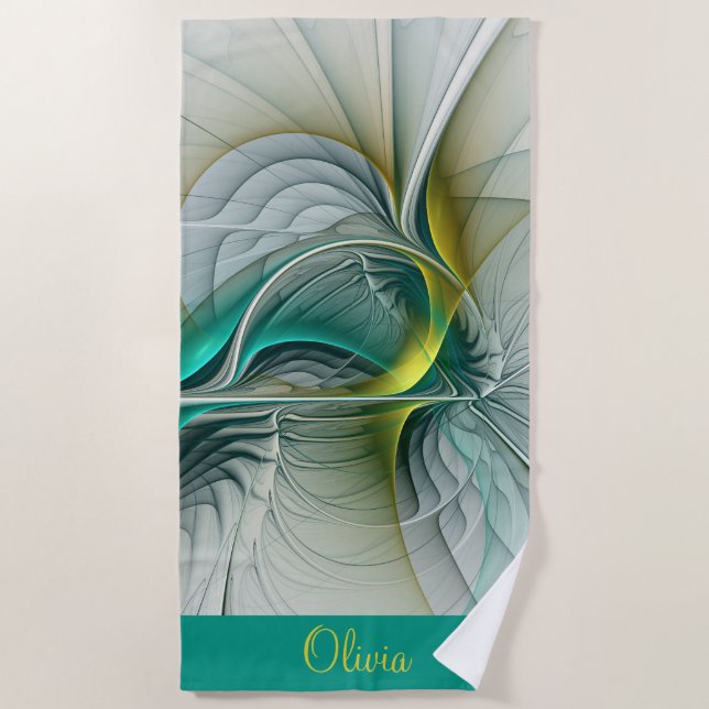 Evolution, Golden Turquoise Abstract With Name Beach Towel (Front)