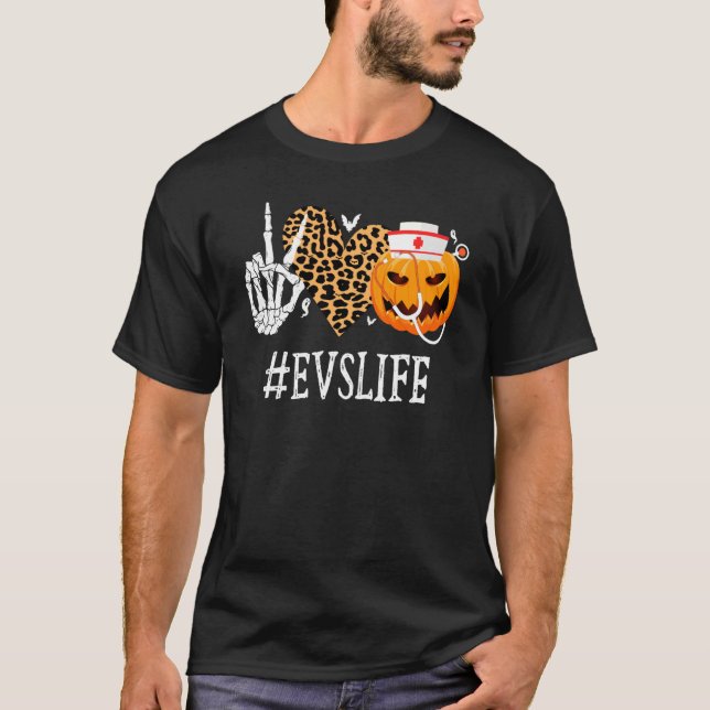 Evs Peace Love Pumpkin Funny Halloween Leopard T-Shirt (Front)