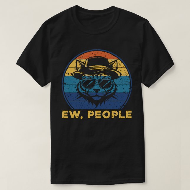 Ew People Retro Sunset Introvert Cat T-Shirt (Design Front)