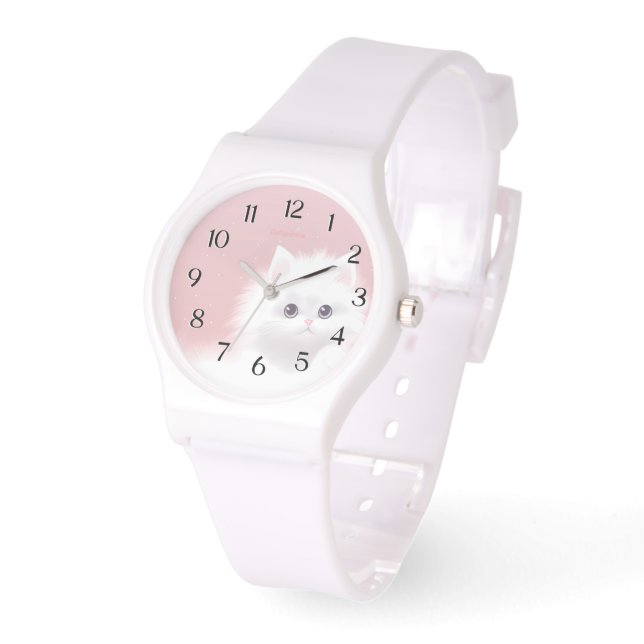 eWatch - Sweet White Fluffy Kitty on Pink Watch (Angle)