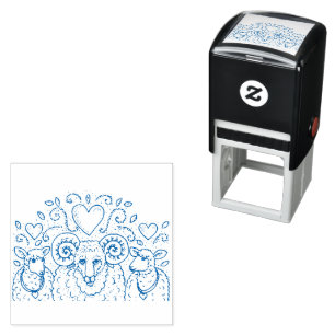 EWES SHEEP AND RAM, COUNTRY FAMILY TREE, FOLK ART SELF-INKING STAMP