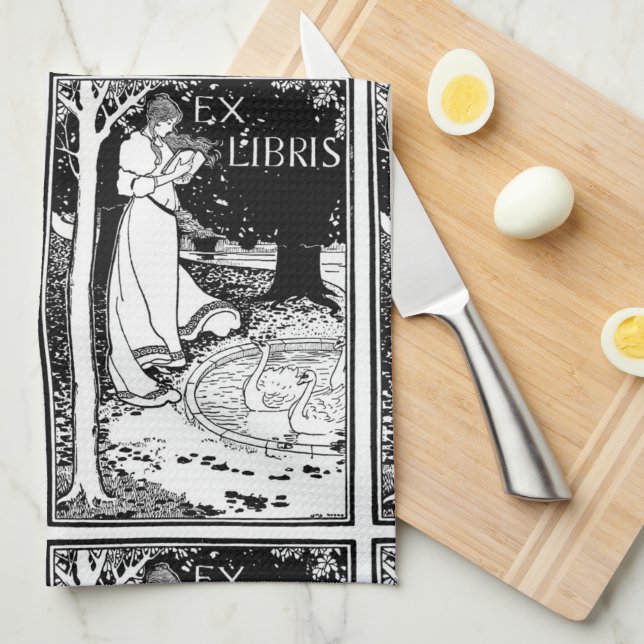 Ex Libris Art Nouveau Woman Reading Tea Towel (Quarter Fold)