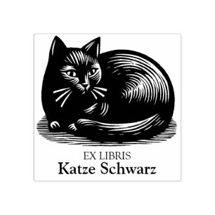 Ex Libris - Black Cat Woodcut Style Rubber Stamp