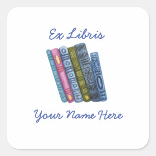Ex Libris Blue Bookplate Square Sticker