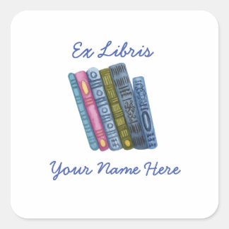 Ex Libris Blue Bookplate Square Sticker