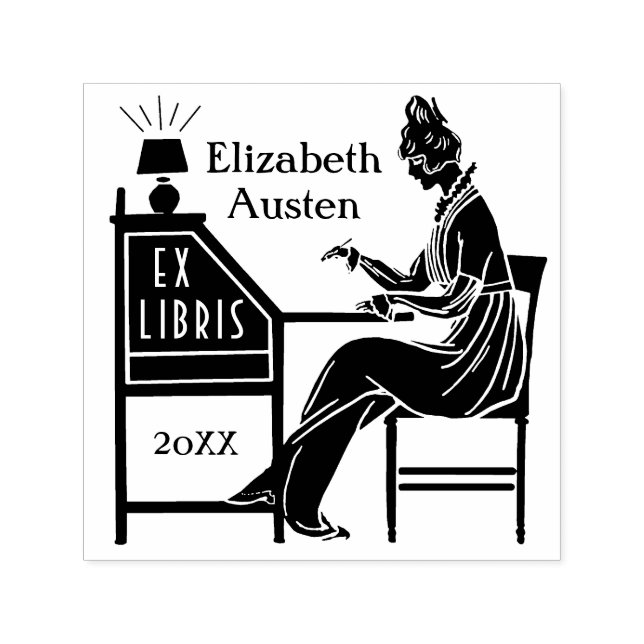 Ex Libris Bookplate Deco Lady Writing Desk Custom Self-inking Stamp (Design)