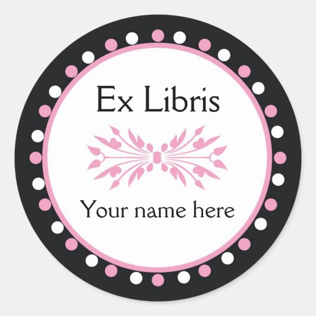 Ex Libris Bookplate - Pink white Polka Dots Classic Round Sticker (Front)