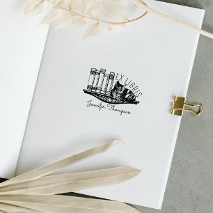 Ex Libris Cat Bookshelf  Rubber Stamp