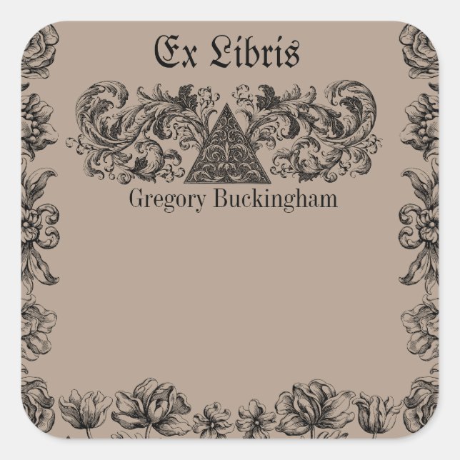 Ex Libris Flourish Line Art  Bookplate Square Sticker (Front)