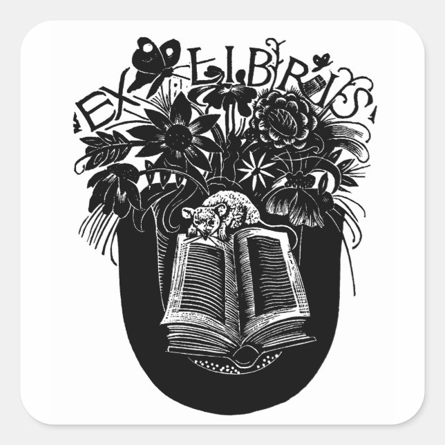 Ex Libris Mouse & Book Square Sticker (Front)