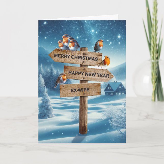 Ex Wife Christmas Robins on a Signpost Holiday Card (Front)