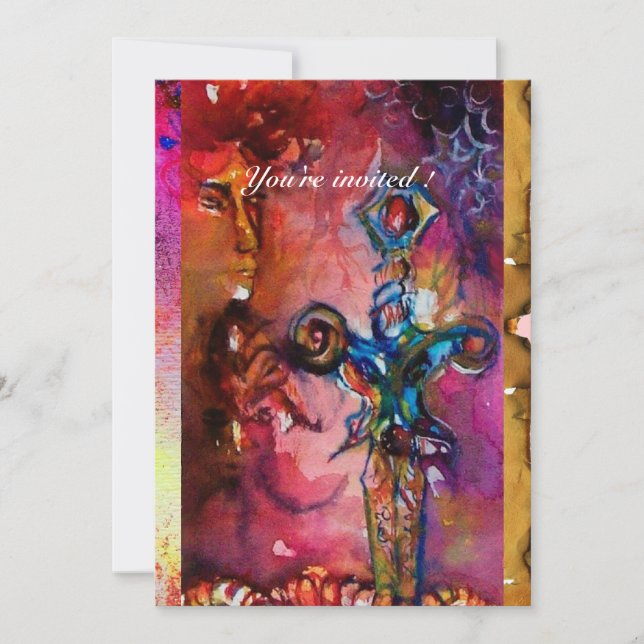 EXCALIBUR 1, bright red ,pink purple parchment Invitation (Front)
