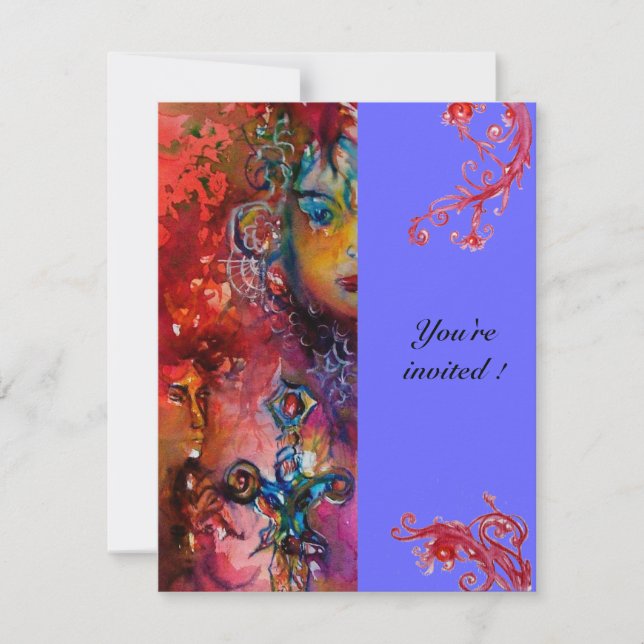 EXCALIBUR , bright red ,blue purple fuchsia yellow Invitation (Front)
