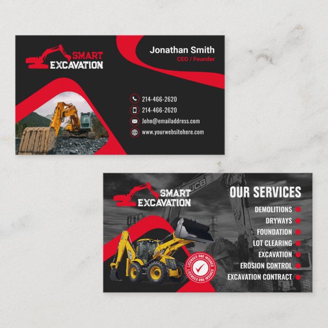 Excavating, Land clearing, Construction,Demolition Business Card (Front/Back)
