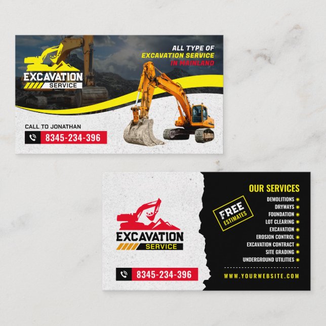 Excavating, mulching, land clearing, Construction Business Card (Front/Back)