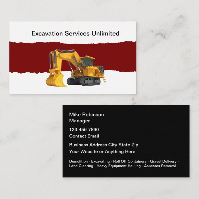 Excavation And Land Clearing Construction Business Card (Front/Back)