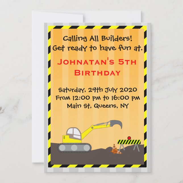 Excavator Construction Birthday Invitation (Front)