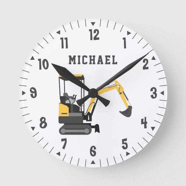 Excavator Construction Builder Boys Room Decor Round Clock (Front)
