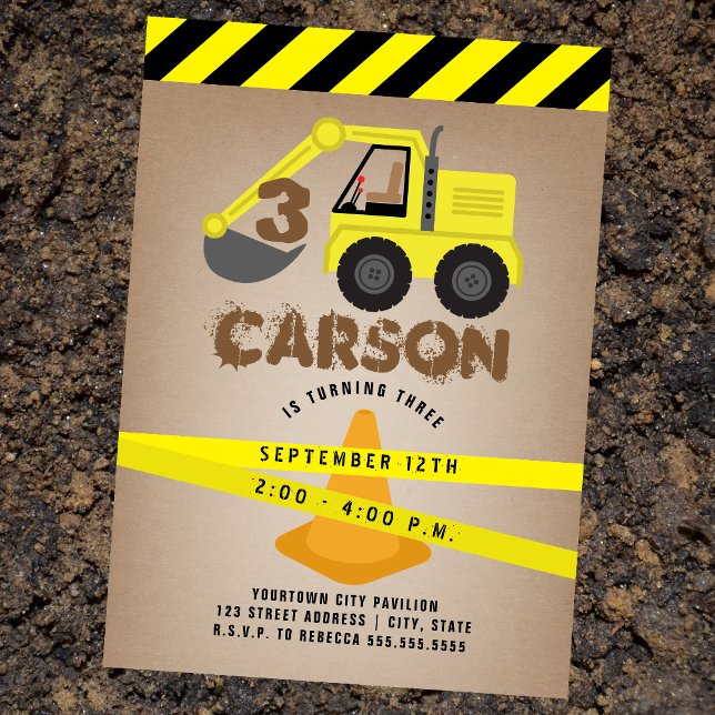 Excavator Construction Cone Kids Birthday Invitation (Creator Uploaded)