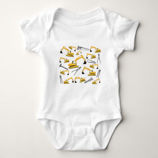 Excavator Construction Trucks and Tools Pattern Baby Bodysuit (Front)