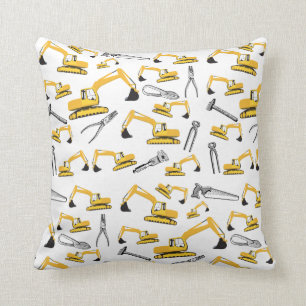 Excavator Construction Trucks and Tools Pattern Cushion
