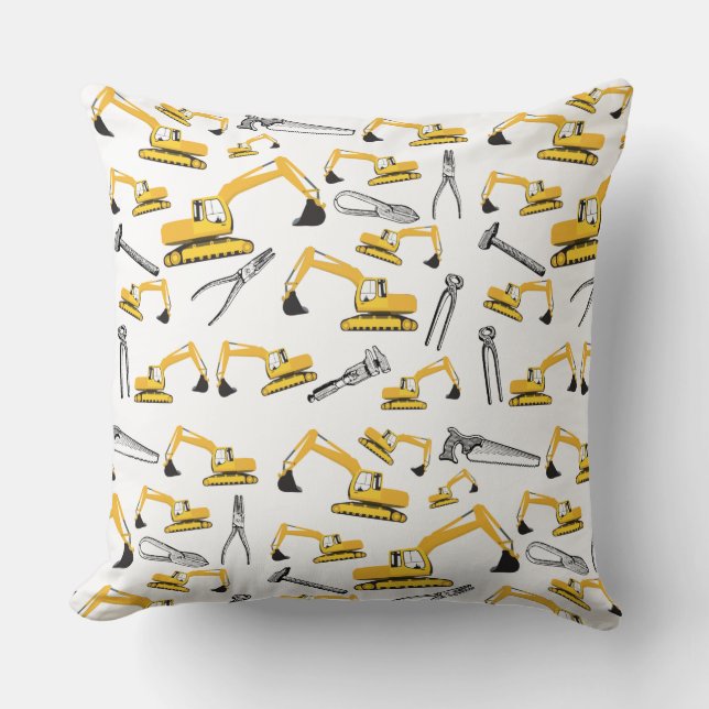 Excavator Construction Trucks and Tools Pattern Cushion (Front)