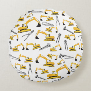 Excavator Construction Trucks and Tools Pattern Round Cushion