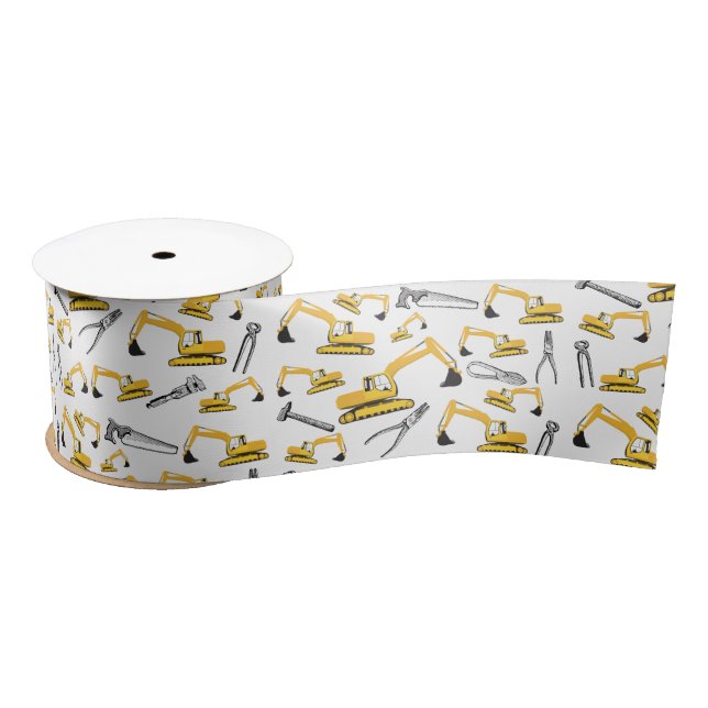 Excavator Construction Trucks and Tools Pattern Satin Ribbon (Spool)