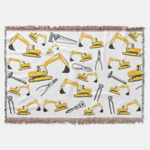 Excavator Construction Trucks and Tools Pattern Throw Blanket