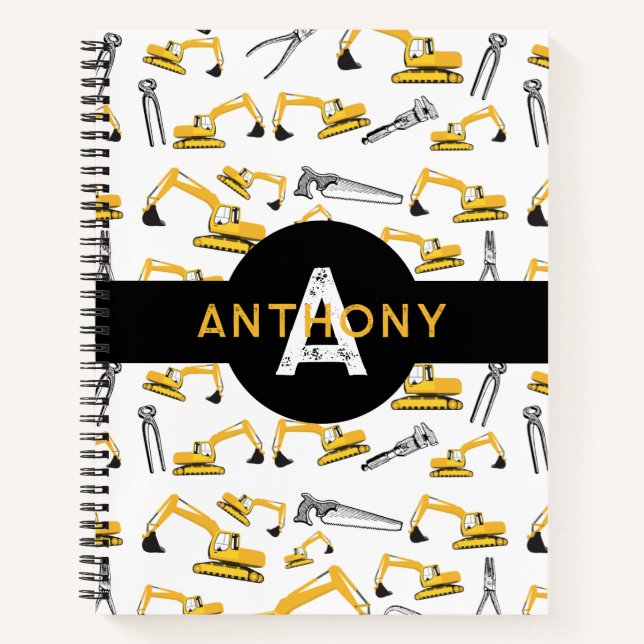 Excavator Construction Trucks Tools Monogram Notebook (Front)