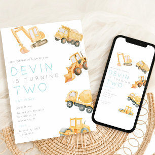 Excavator Dump Truck 2nd Birthday Invitation