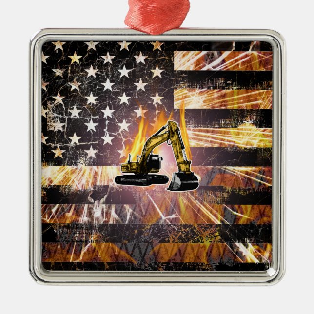 Excavator Flag Sparks Metal Tree Decoration (Front)
