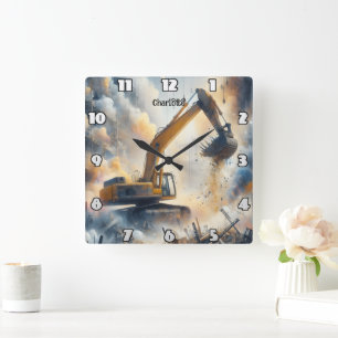Excavator Power: Construction, Dust, Sky Square Wall Clock