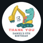 Excavator T-Rex Dinosaur Kids Birthday Party Classic Round Sticker<br><div class="desc">Cute party favours for kids,  boys or girls who love dinosaur,  big machine and construction vehicles. A colourful illustration of T-rex on excavator. Perfect for kids birthday party,  party favours and thank you label.</div>