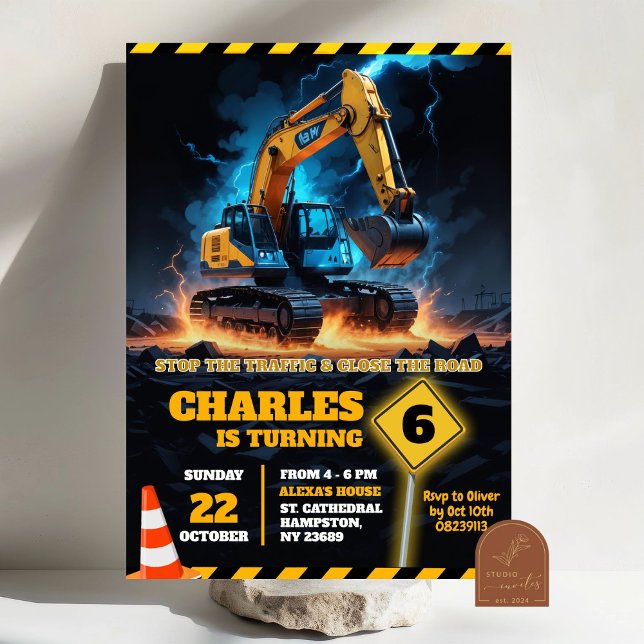 Excavator Under Construction Birthday Boy Invitation (Creator Uploaded)