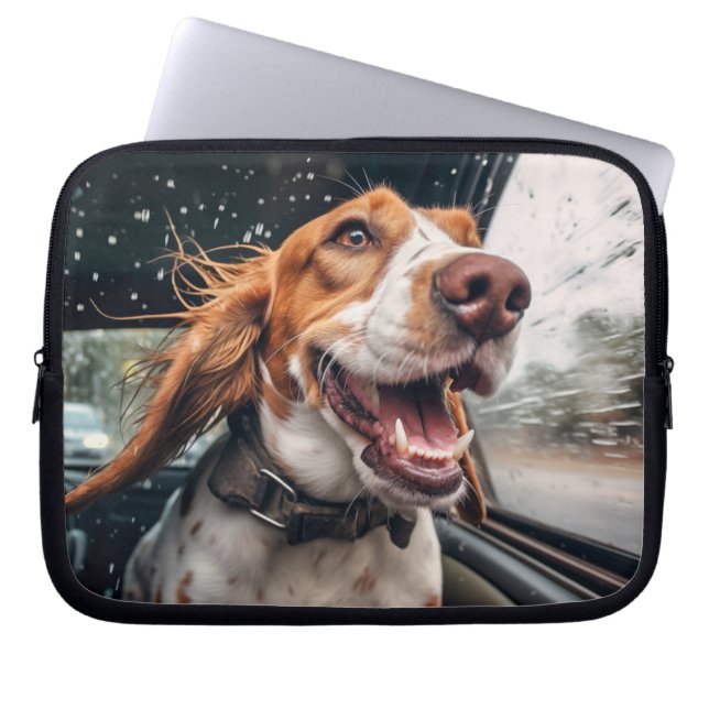 Excited Dog on Rainy Car Ride Art Print Laptop Sleeve (Front)