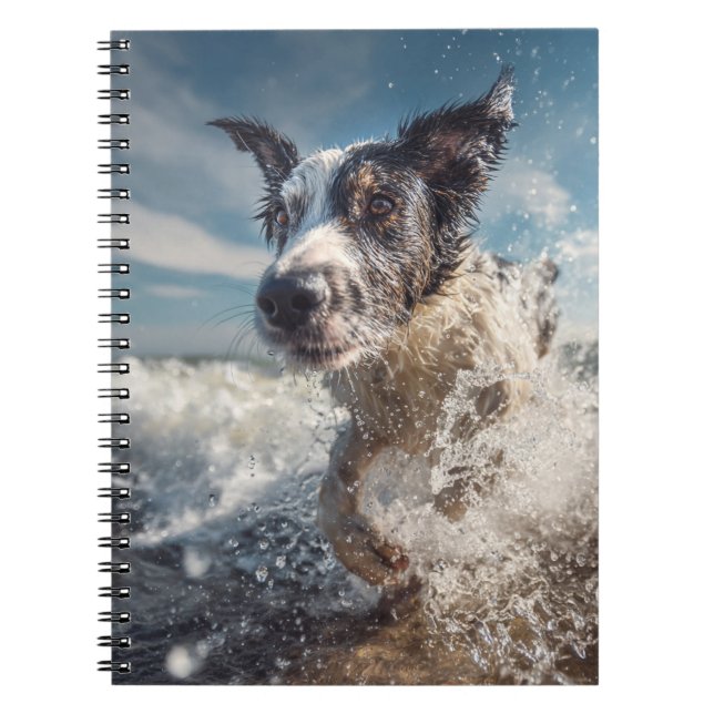 Excited Dog Splashing Waves Notebook (Front)