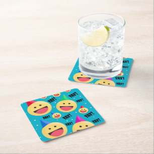 Excited Happy YAY Emojis in Party Hats Holiday Pos Square Paper Coaster