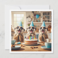 Excited meerkats celebrating birthday with cake