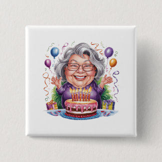 Excited Old Lady Birthday Cake Art 15 Cm Square Badge