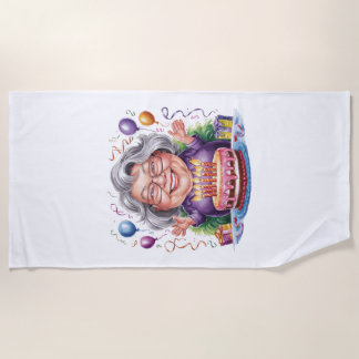 Excited Old Lady Birthday Cake Art Beach Towel